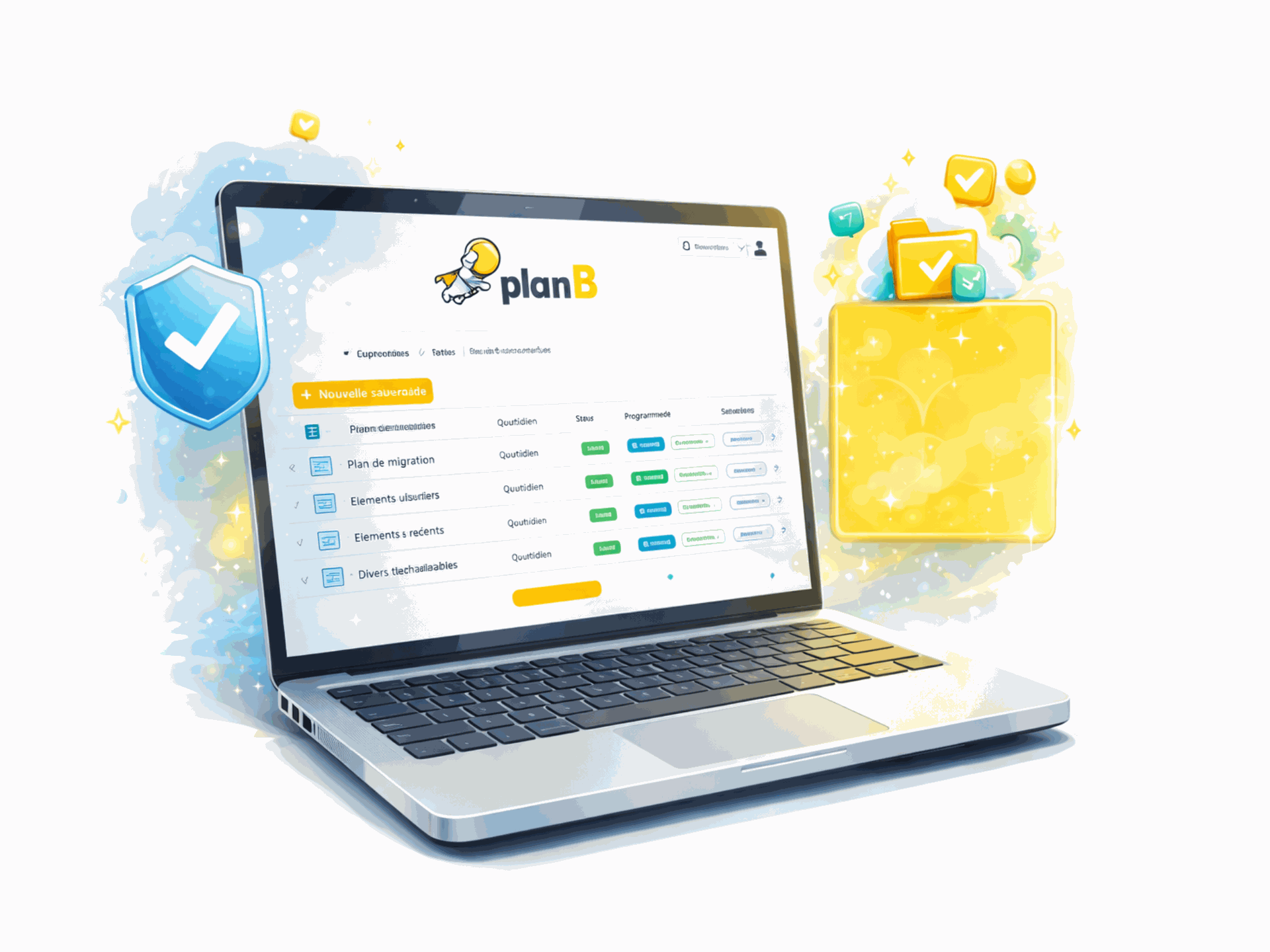 Interface Plan B de sauvegarde et restauration Microsoft 365 avec tableau de bord de supervision des backups